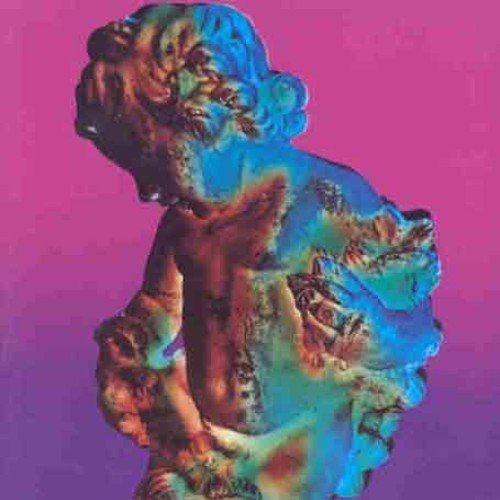 "Vinyl album cover featuring a statue of a person against a purple background."