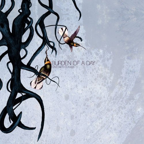 Album cover art featuring two birds hanging from a twisted tree branch, gray background.