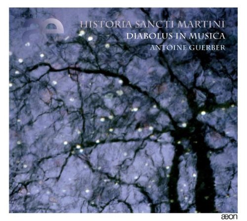 "CD cover with dark tree branches and glowing lights on a purple background."