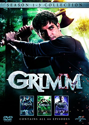 DVD cover for "Grimm" featuring a man holding an axe, with three season covers below.