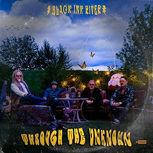 Album cover for Black Ink River’s “Through The Unknown” featuring four men and butterflies.