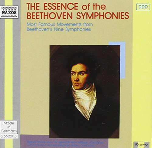 "CD cover with Beethoven portrait, red and blue text on beige background."