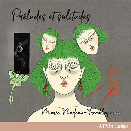 CD cover: Surreal illustration of a woman with green hair and violins.
