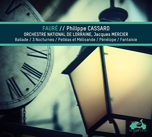 "CD cover with a clock and lantern, featuring Fauré's music by Philippe Cassard."