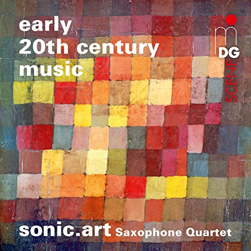 CD cover with abstract colorful squares and text: āsonic.art Saxophone Quartetā.