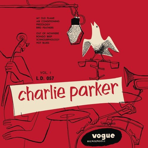 Red album cover with cartoon jazz musicians and a white bird, featuring "Charlie Parker" text.