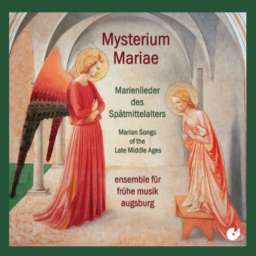 CD cover featuring an angel and Mary in a medieval-style painting with green border.