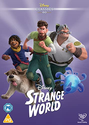 Strange World" DVD cover featuring characters and a dog against purple.