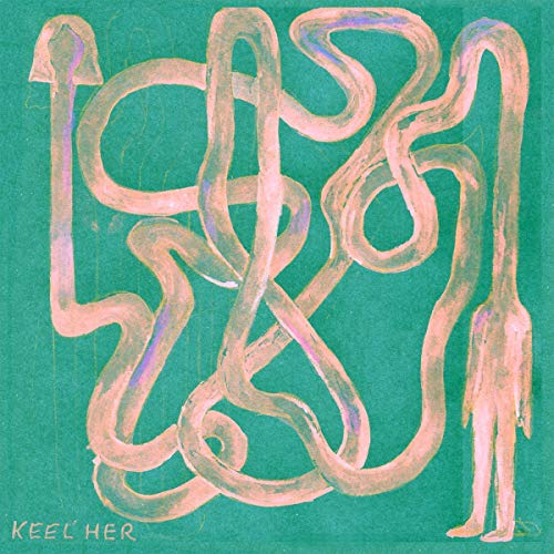 The image depicts a vinyl record cover with a teal background and a pale, abstract figure.