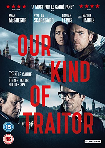 Our Kind of Traitor" DVD cover featuring Ewan McGregor, Stellan Skarsgård, and Naomie Harris.