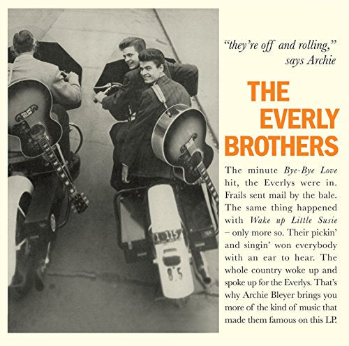 "Black and white photo of The Everly Brothers with text on a beige background."