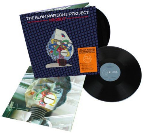 "Album cover with robotic figure on blue grid background, titled 'The Alan Parsons Project: I Robot'."