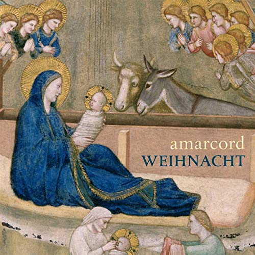 Nativity scene inspired album cover with Mary, baby Jesus, and animals.
