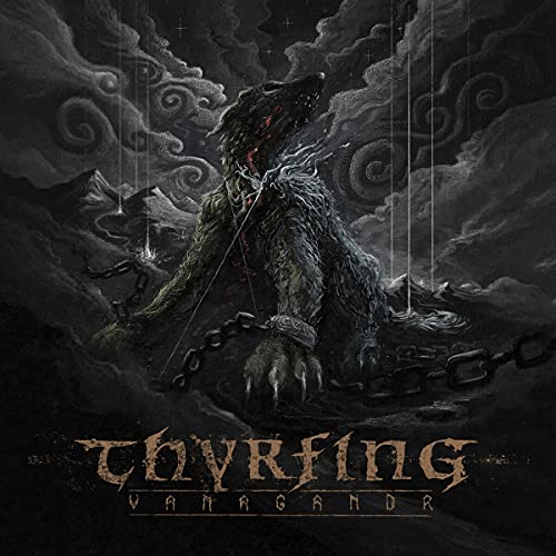 Dark album cover featuring a chained wolf figure and band name "Thyrfing".