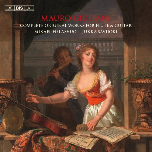 CD cover: woman in historical dress with flutist, sheet music.