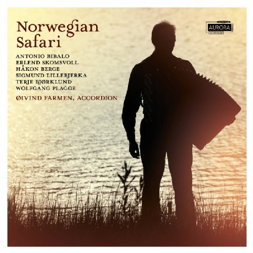 "CD cover featuring a man holding an accordion by a body of water."