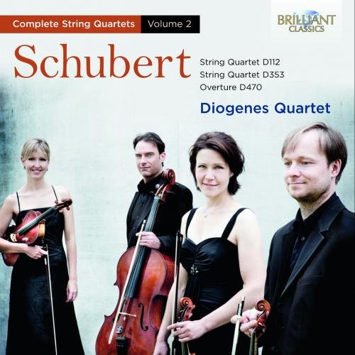 CD cover featuring the Diogenes Quartet musicians holding string instruments, dressed in black attire.