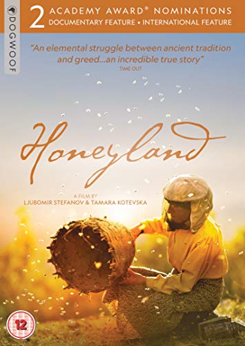 “Honeyland” DVD cover: beekeeper with basket, golden fields, and film title.