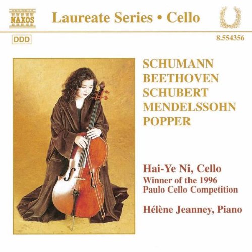 A CD cover featuring a kneeling cellist on a yellow background.