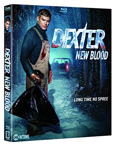Blu-ray cover of Dexter: New Blood featuring a man holding a black trash bag.