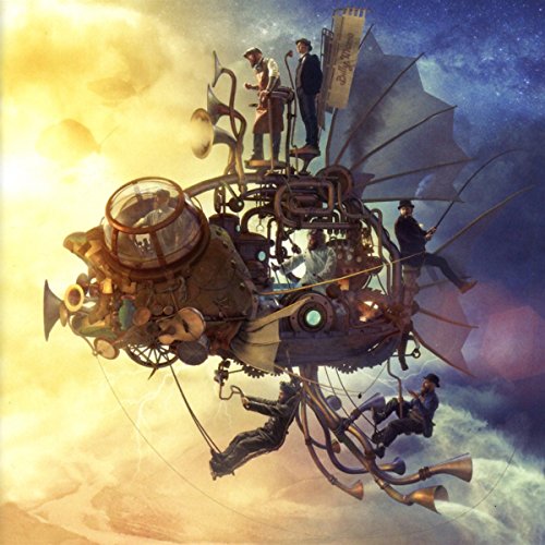 Steampunk airship with figures, glowing sun, and starry sky.