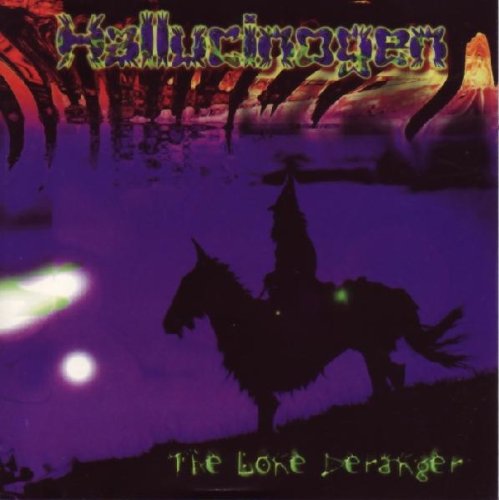 "Album cover with a silhouette of a horseman against a purple background."