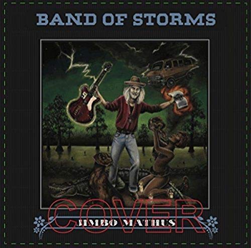 "Album cover art: man with guitar and cassette in a surreal, stormy scene."