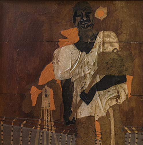 Textured collage of a man carrying a tool near a fence and watchtower.