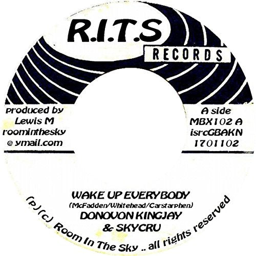 A vinyl record label with "R.I.T.S RECORDS" and song title "Wake Up Everybody".
