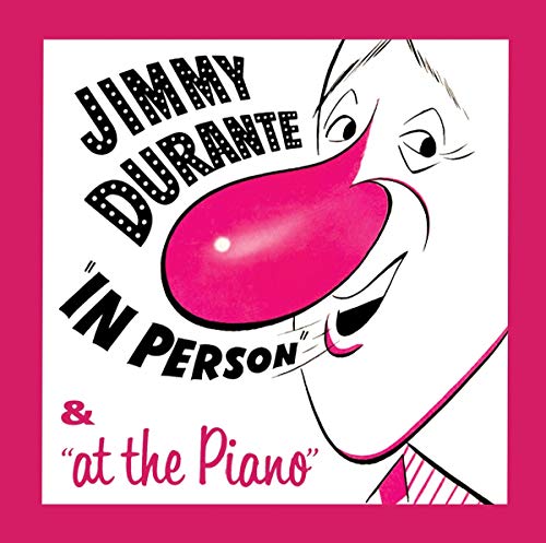 Caricature illustration of Jimmy Durante with a large pink nose on a white background.