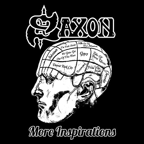 Saxon “More Inspirations” vinyl album cover with a brain-shaped head illustration.