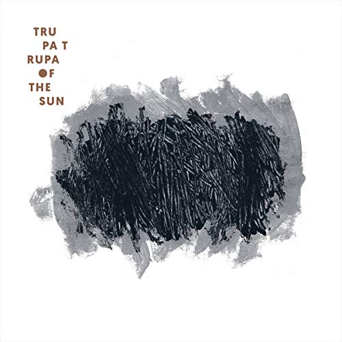 "Album cover with abstract black and grey brush strokes and brown text on white background."