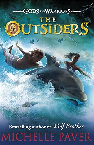 "Book cover of 'The Outsiders' by Michelle Paver, depicting two children and a dolphin."