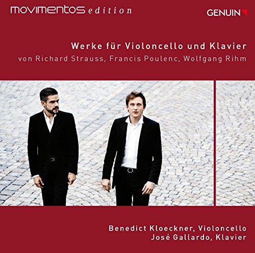 Red CD cover with two men in black suits on cobblestone.
