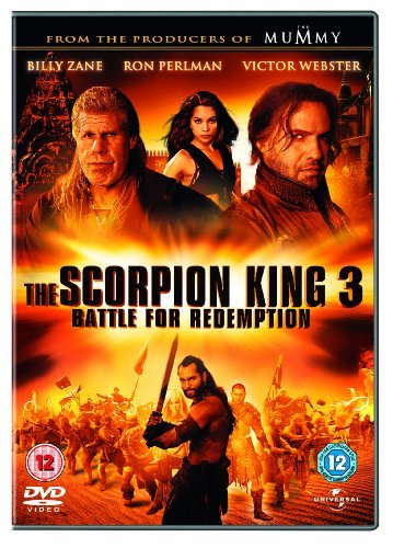 DVD cover for The Scorpion King 3 featuring actors against a fiery battle background.