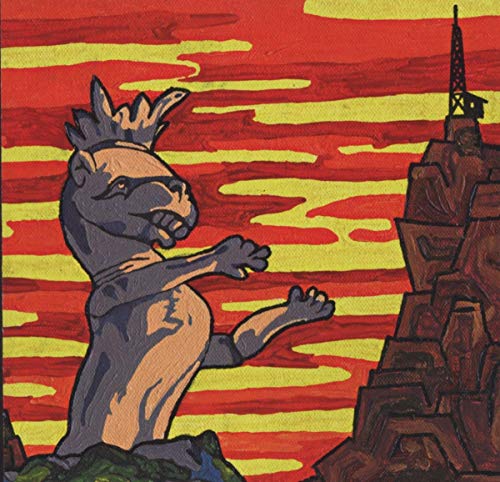 Stylized illustration of a mountain, tower, and large animal figure.