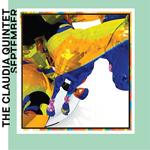 "CD cover art with abstract, colorful, low-poly figures against a white and green background."