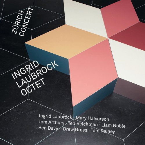 "Album cover with 3D cube and artist names on black background."