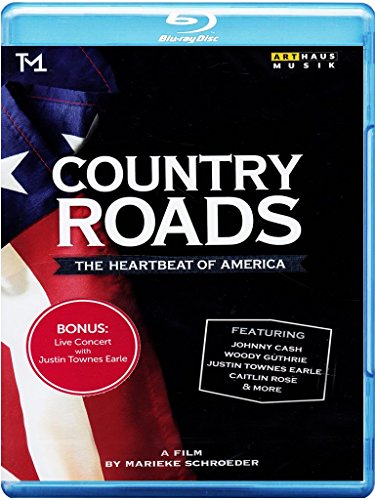 "Blu-ray case for 'Country Roads: The Heartbeat of America' with American flag and text."