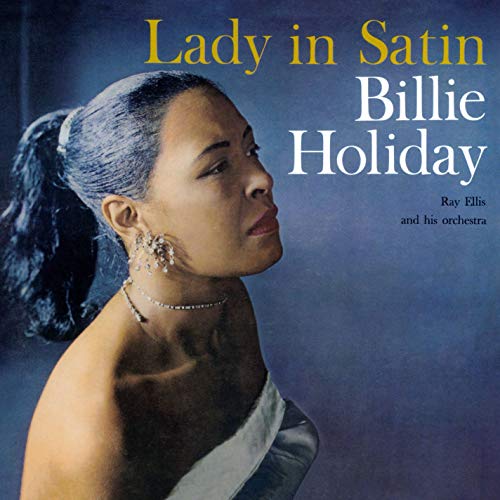 CD album cover featuring Billie Holiday, a woman in a satin dress, with text overlay.