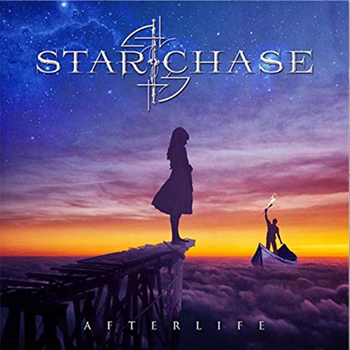 Album cover: girl with a flame stands on a pier, starry sky.