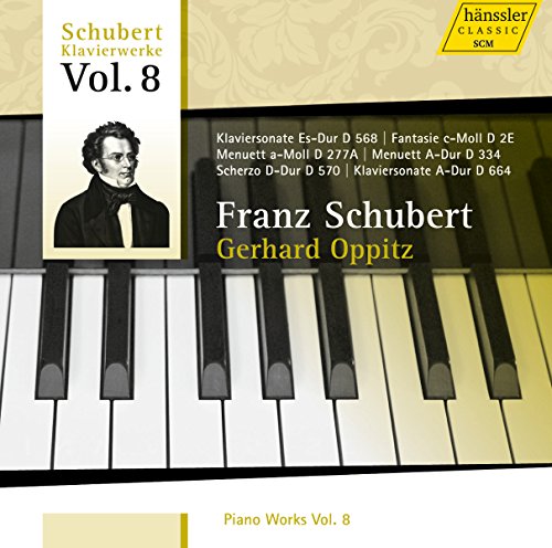 CD cover with piano keys and portrait of Franz Schubert.