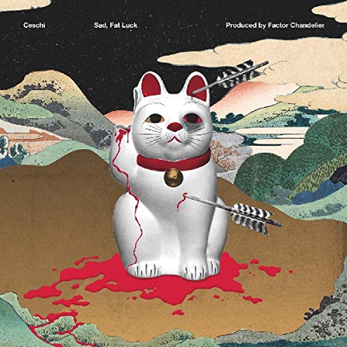 Album cover featuring a white cat with an arrow, bleeding red liquid, in a landscape.