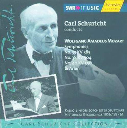 CD cover featuring black-and-white images of Carl Schuricht and text about Mozart symphonies.