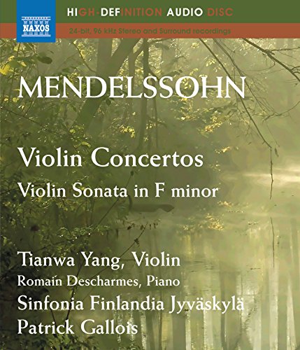 "Mendelssohn violin concertos Blu-ray cover featuring a misty forest background with white text."