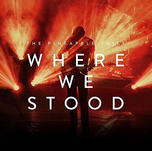 The image depicts a vinyl album cover. "Vinyl album cover with a musician on stage, lit by red spotlights."