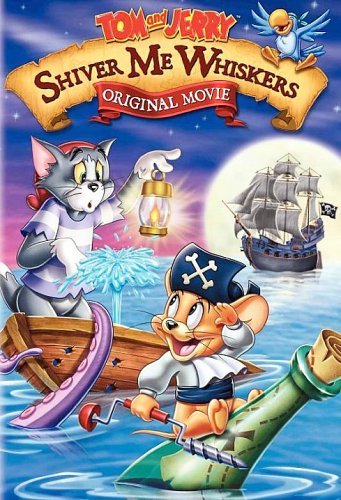 "Tom and Jerry DVD cover featuring cartoon cat and mouse in pirate costumes at sea."