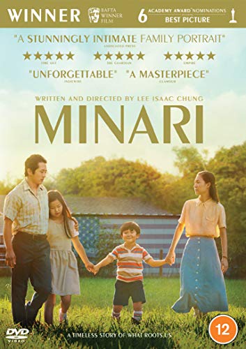 "Minari DVD cover featuring a family of four holding hands in a green field."