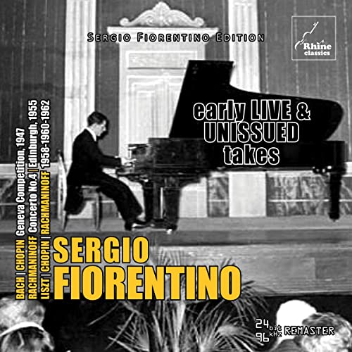 Black and white CD cover featuring pianist Sergio Fiorentino at a grand piano.