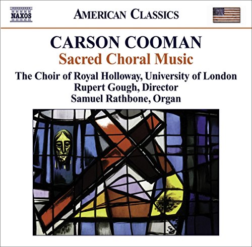 "Album cover with stained-glass image and text describing 'Carson Cooman Sacred Choral Music'."